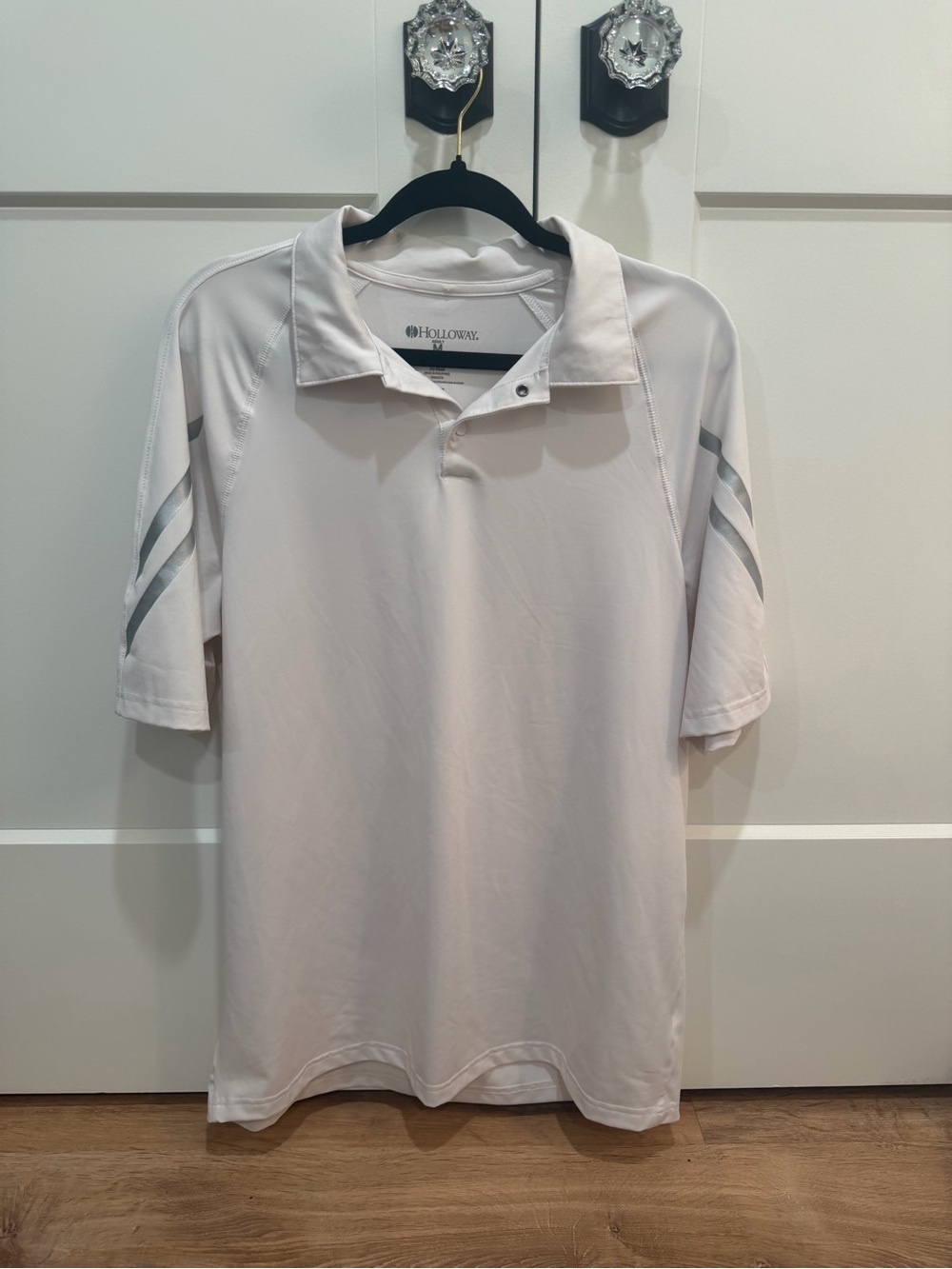 Holloway Men's Light White Polo with Gray Sleeve Stripes
